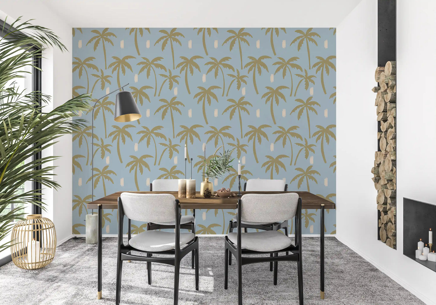 Blue Palm Tree wallpaper with soft coastal tones and open palm layout