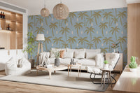 Living room with Coastal Palm Wallpaper and muted blue tropical look