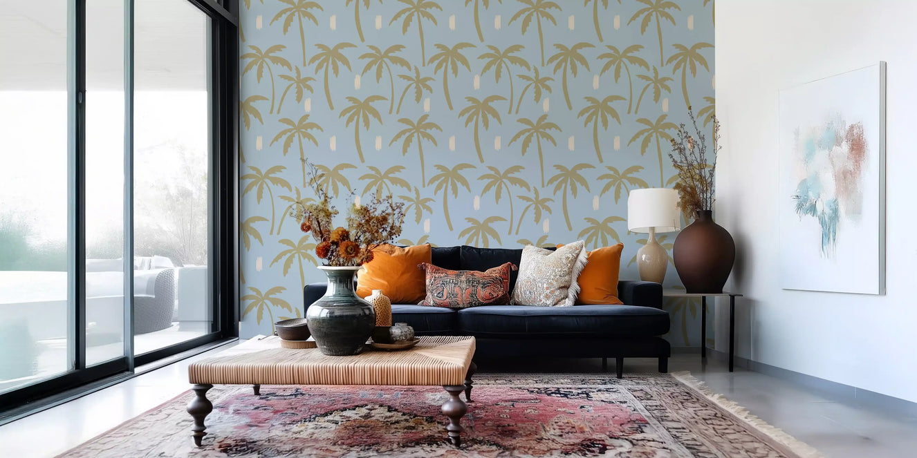 Tapet palmier albastru deschis, tapet boho coastal