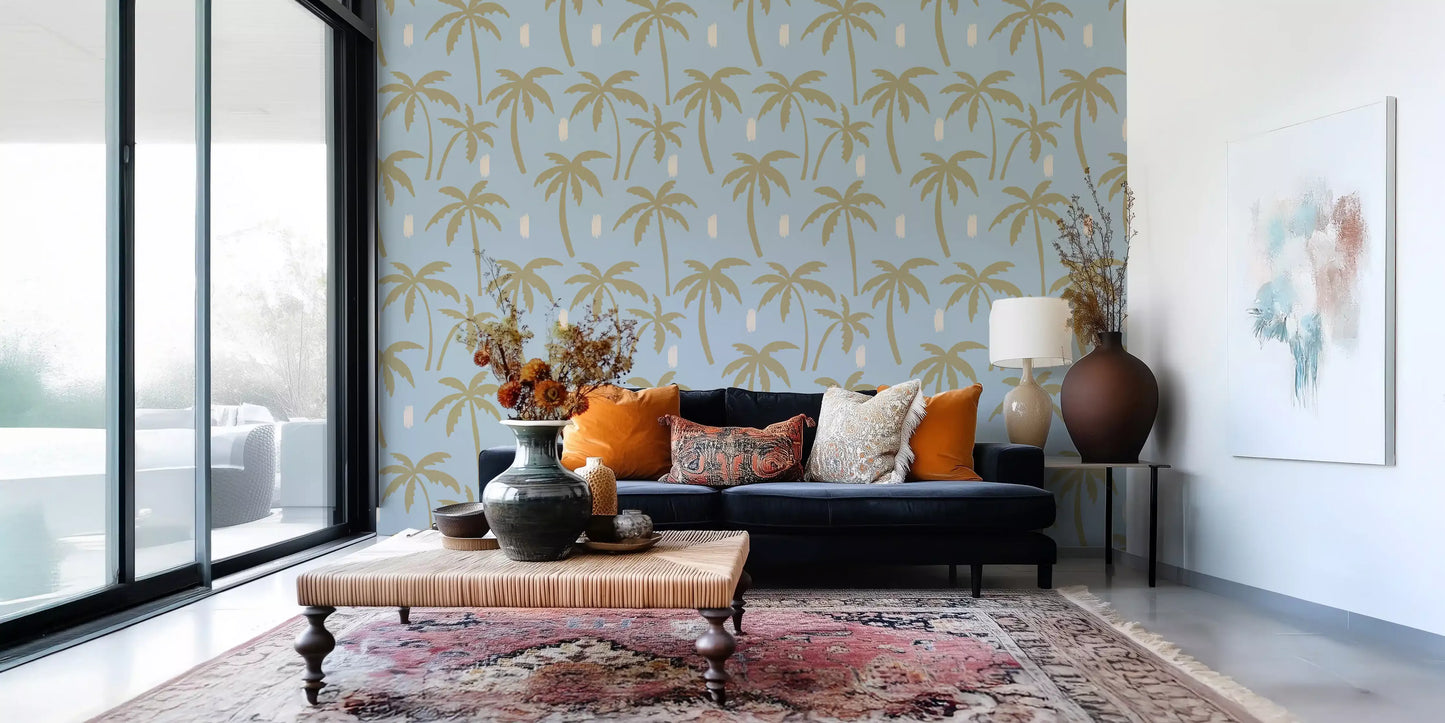 Home using Boho Coastal Wallpaper with warm palm shapes on blue