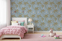 Coastal Blue Wallpaper with oversized palm artwork and neutral detail