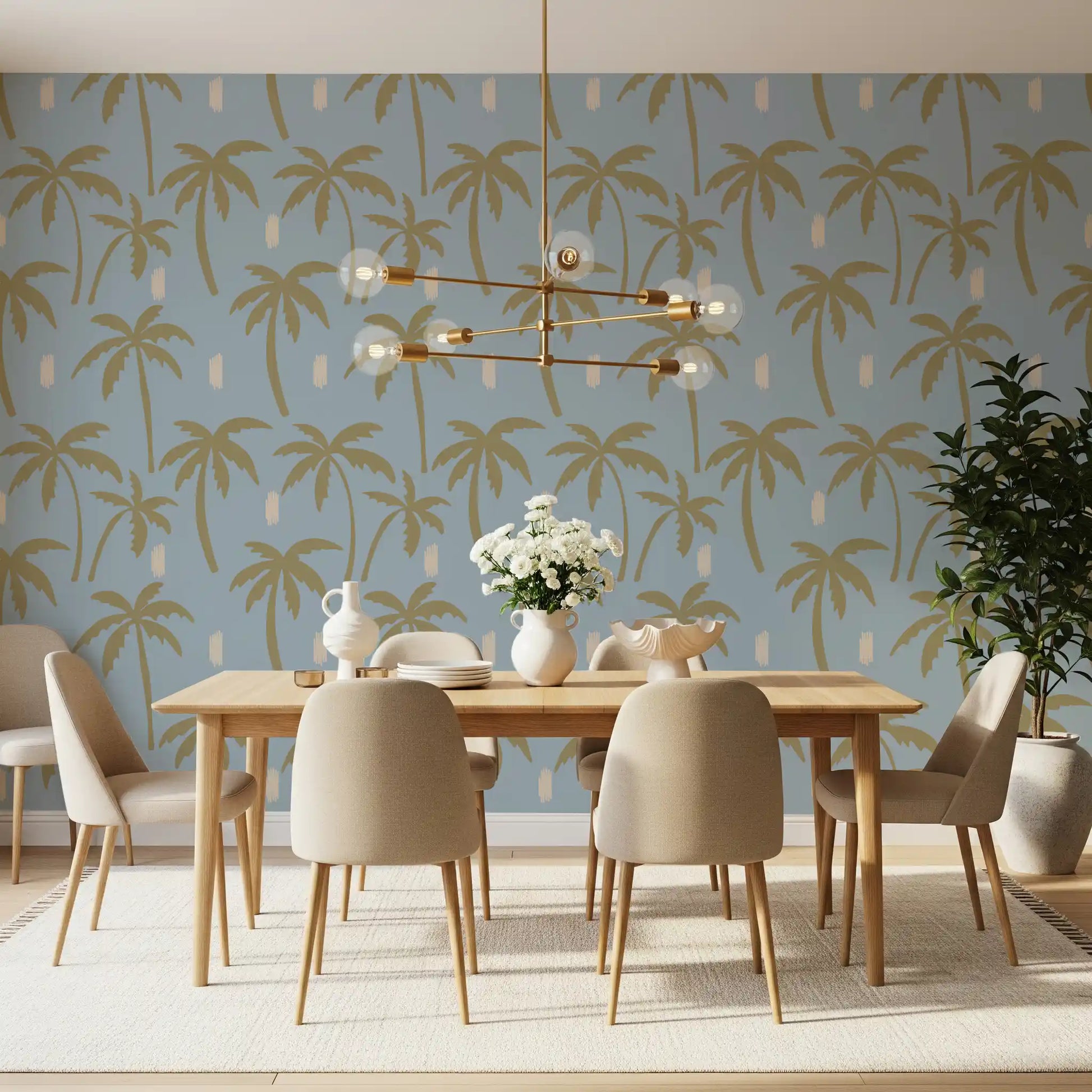 Boho Palm Wallpaper featuring olive-tan palm silhouettes on blue