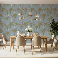 Boho Palm Wallpaper featuring olive-tan palm silhouettes on blue