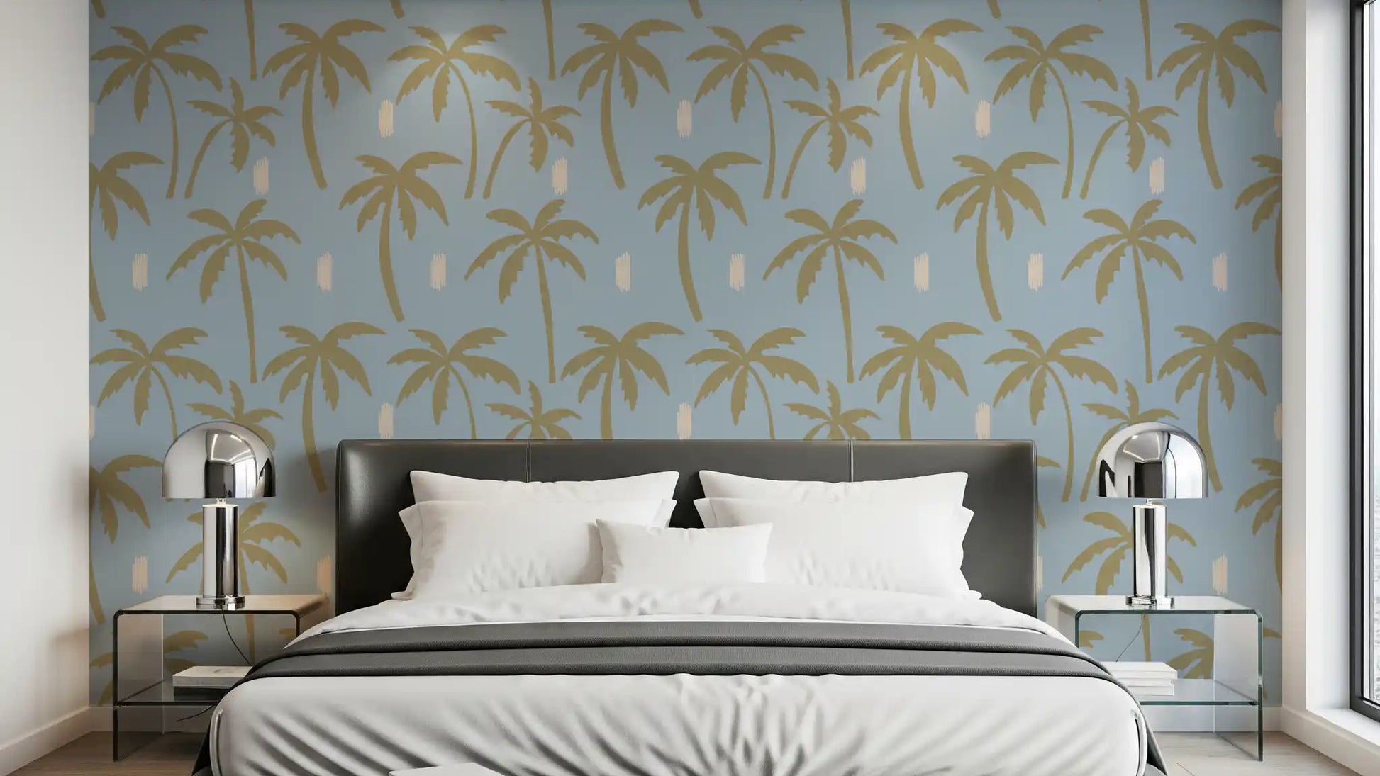 Bedroom with Soft Blue Palm Tree wallpaper and oversized tropical silhouettes