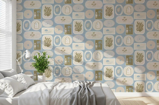 Bedroom with Soft Blue Coastal Frame wallpaper and framed palm artwork
