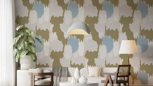 Living room wall with Olive Green Abstract Wallpaper and soft layered colour