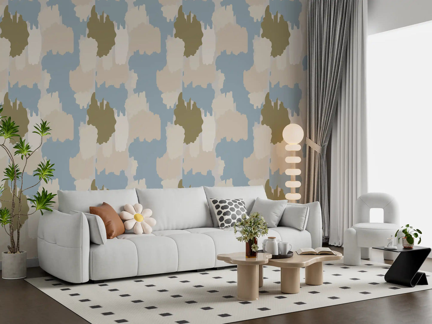 Living room wallpaper with abstract blue pattern and light boho coastal feel