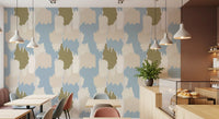 Boho coastal wallpaper with layered neutral forms and pale blue backing