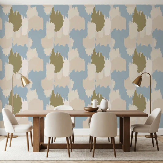 Dining room wallpaper showing pale blue freeform shapes and neutral overlays