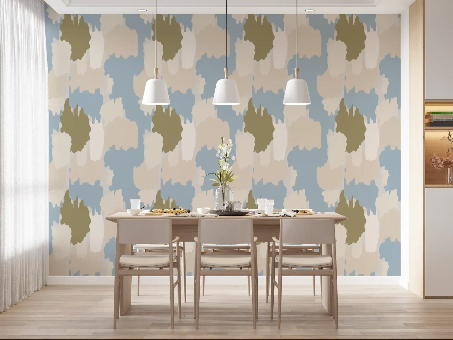 Soft blue abstract wallpaper with beige shapes and relaxed painted styling