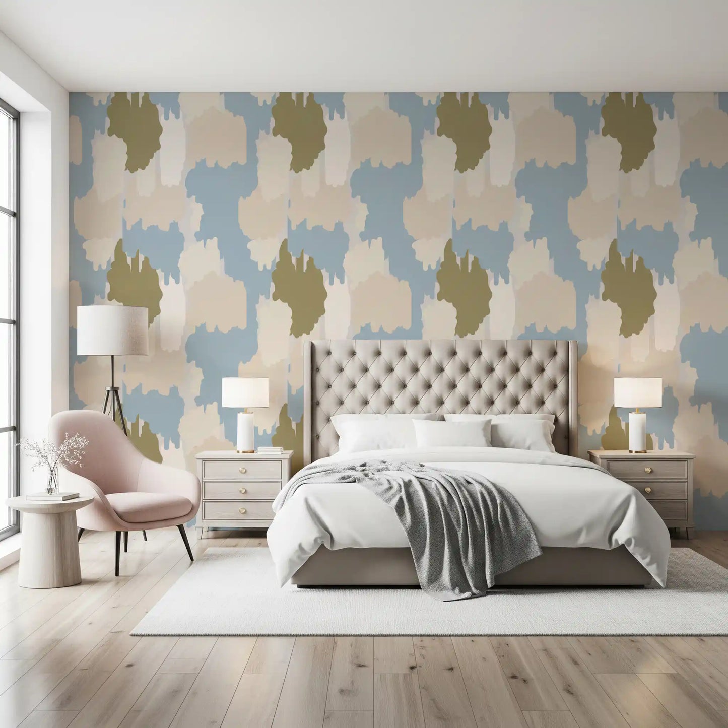 Bedroom wallpaper with soft blue abstract blocks and calm coastal movement