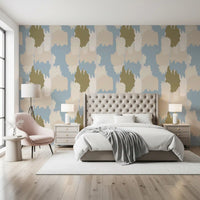 Bedroom wallpaper with soft blue abstract blocks and calm coastal movement