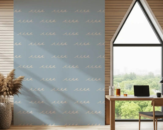 Office wallpaper with Soft Blue Wave pattern and airy coastal spacing