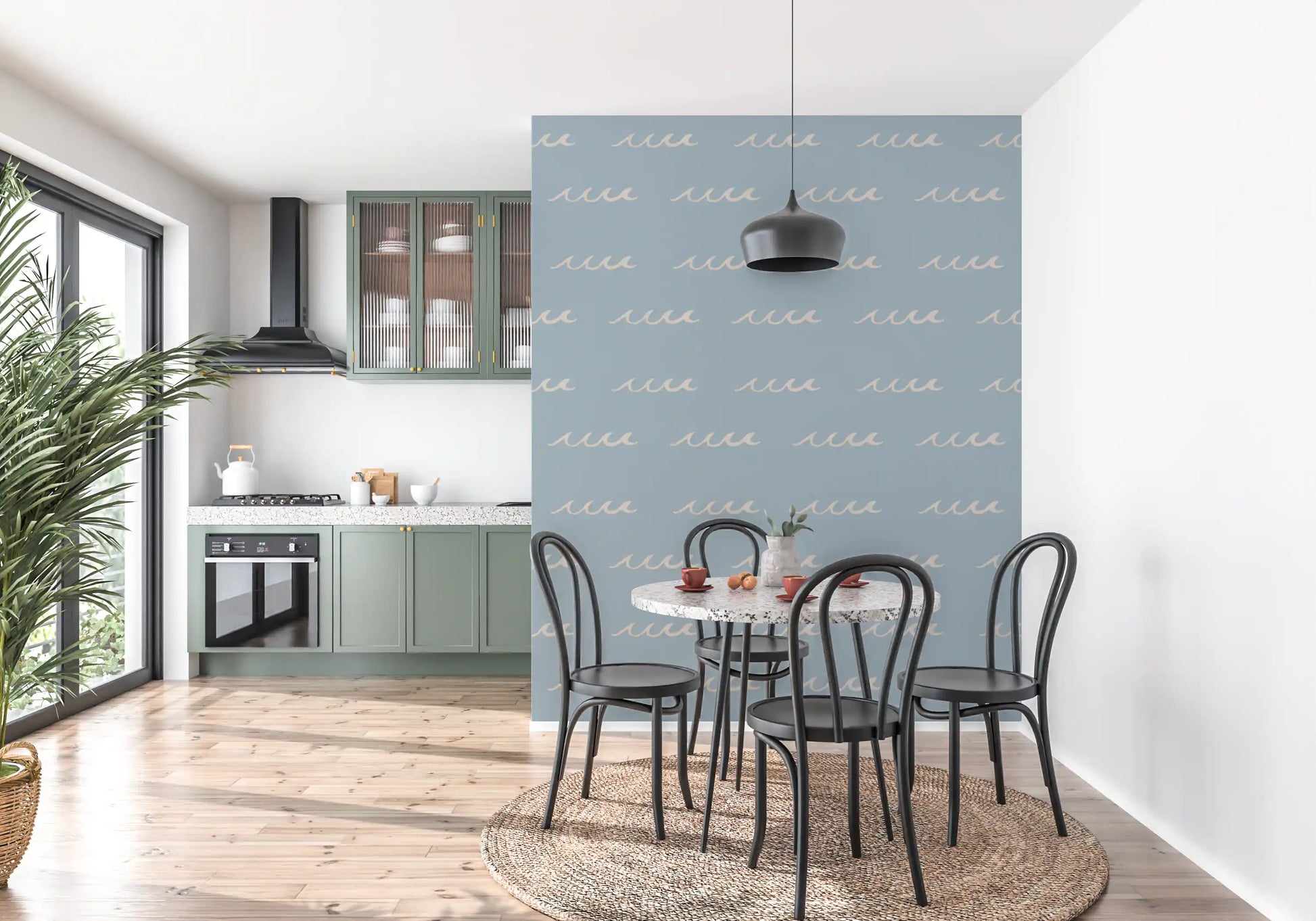 Minimal wave wallpaper with cream details and light blue background