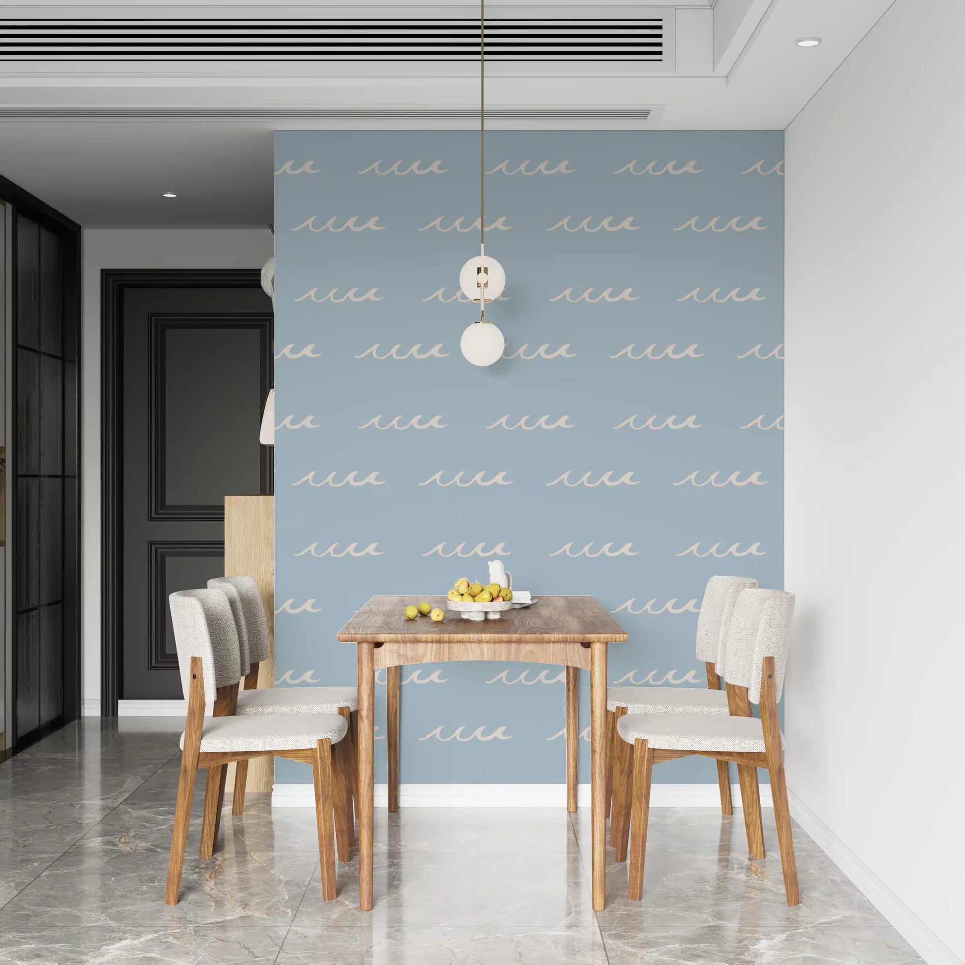 Dining room wallpaper using relaxed wave marks and open seaside patterning