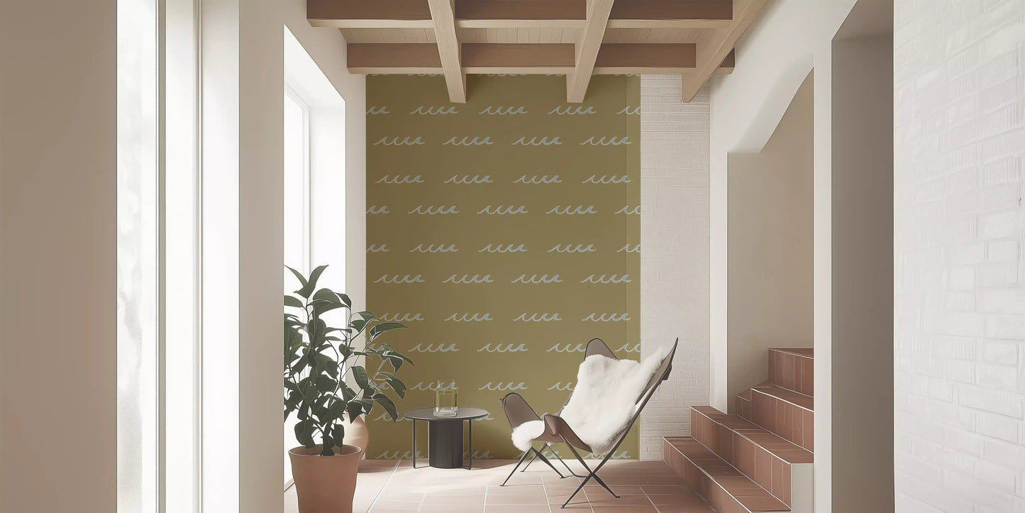 Green boho wallpaper with gentle wave forms and relaxed wall pattern