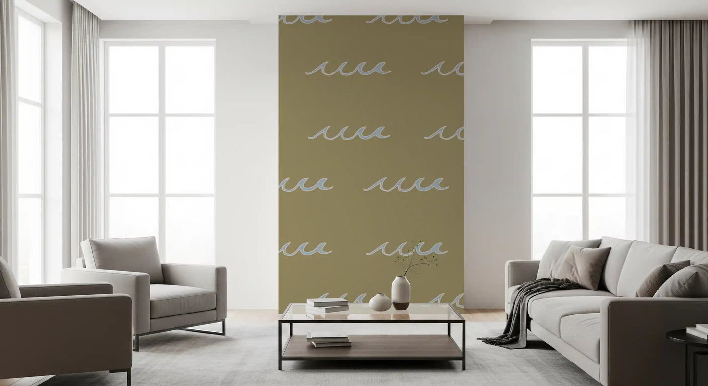 Living room wallpaper with Olive Wave shapes and calm beach-inspired spacing