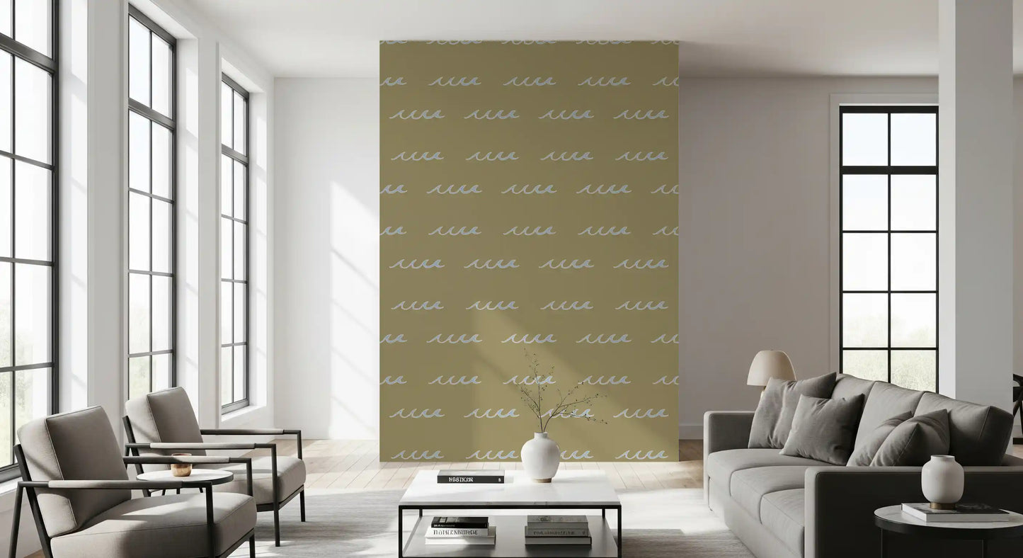 Living room wallpaper featuring Coastal Wave motifs and olive color base