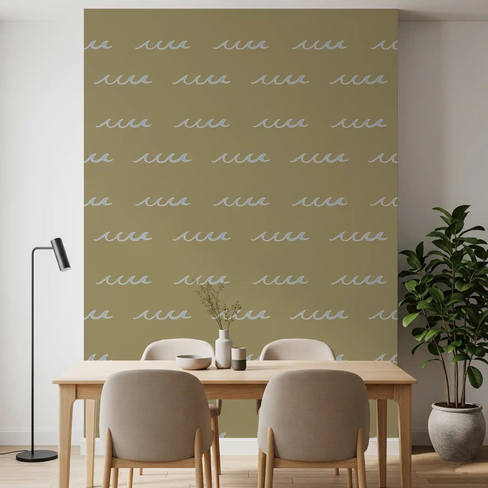 Olive Green Wave Wallpaper with pale blue wave marks and open layout