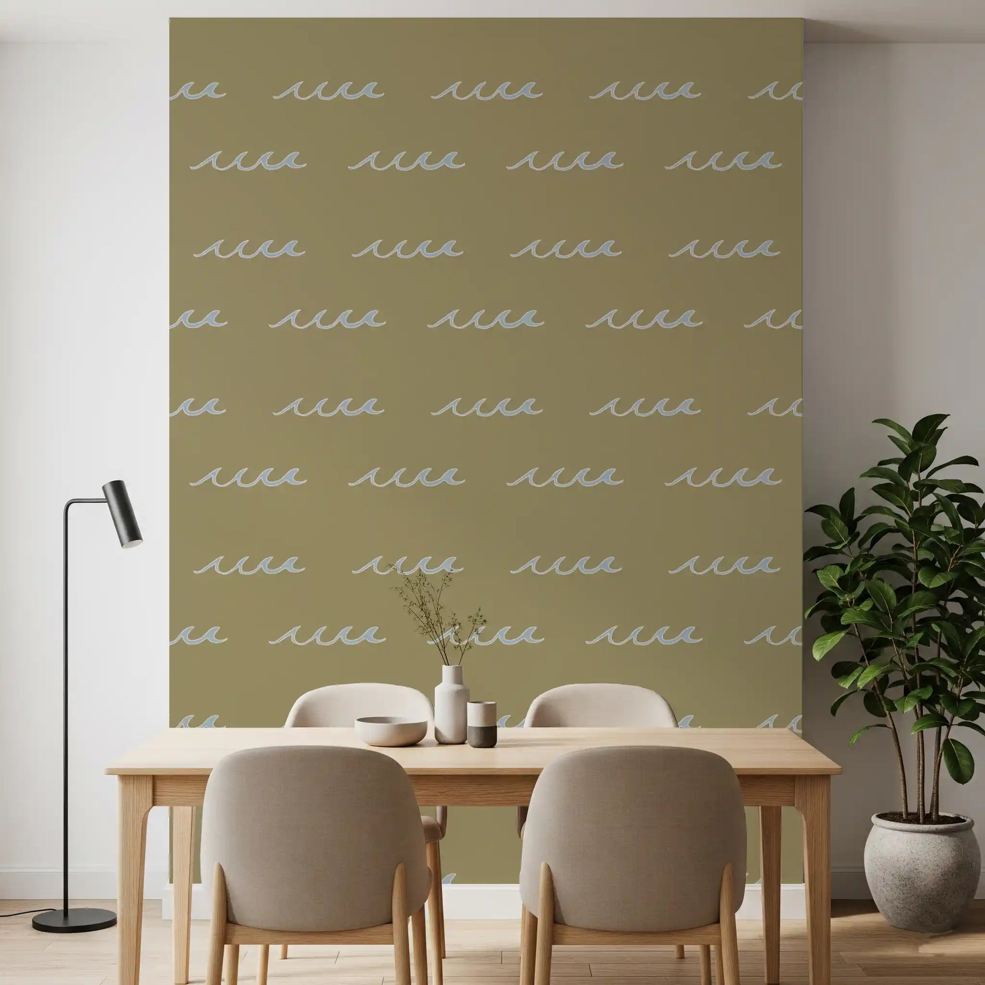 Olive Green Wave Wallpaper with pale blue wave marks and open layout