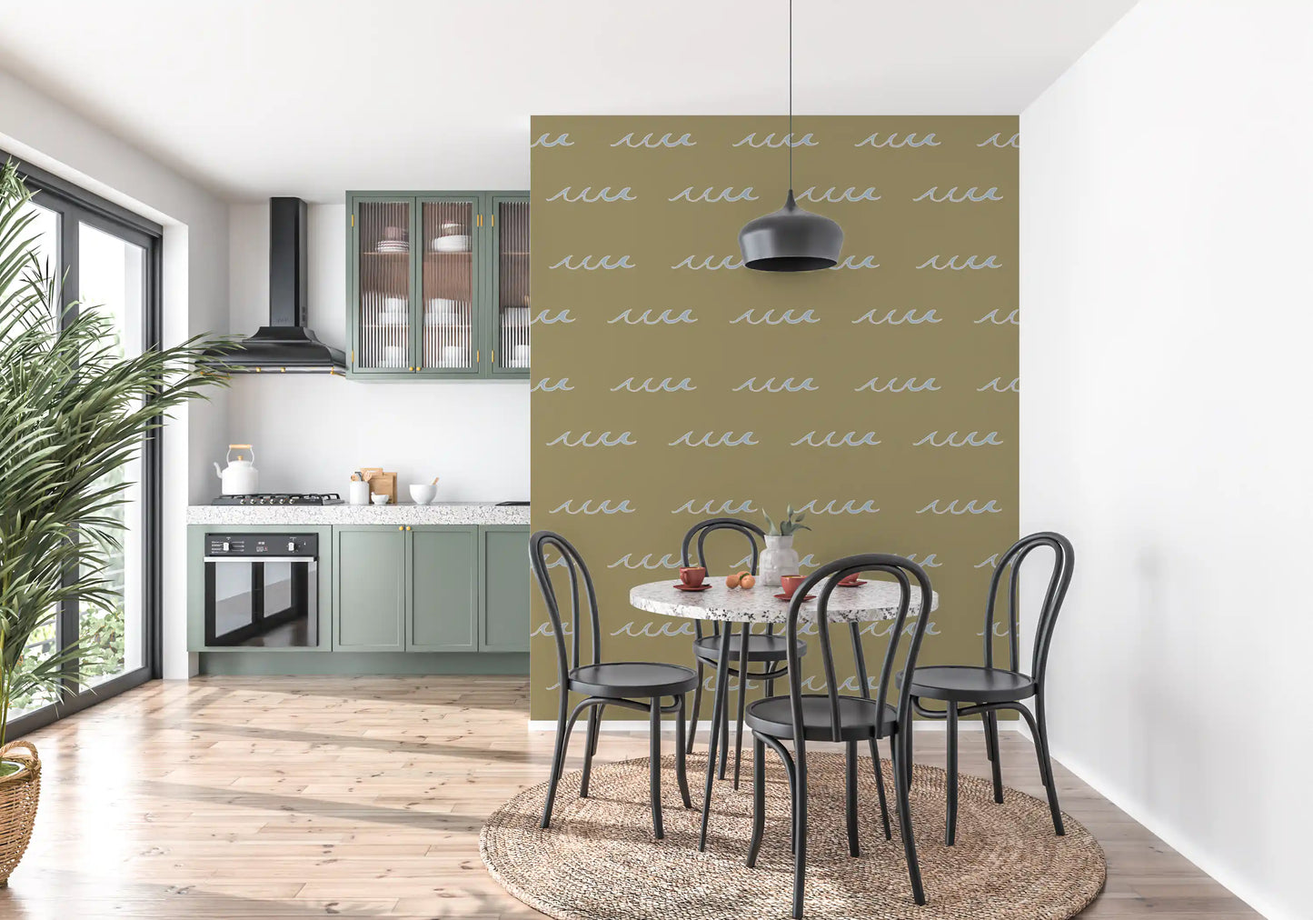 Dining room wallpaper showing Boho Coastal waves on muted olive backing