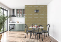 Dining room wallpaper showing Boho Coastal waves on muted olive backing