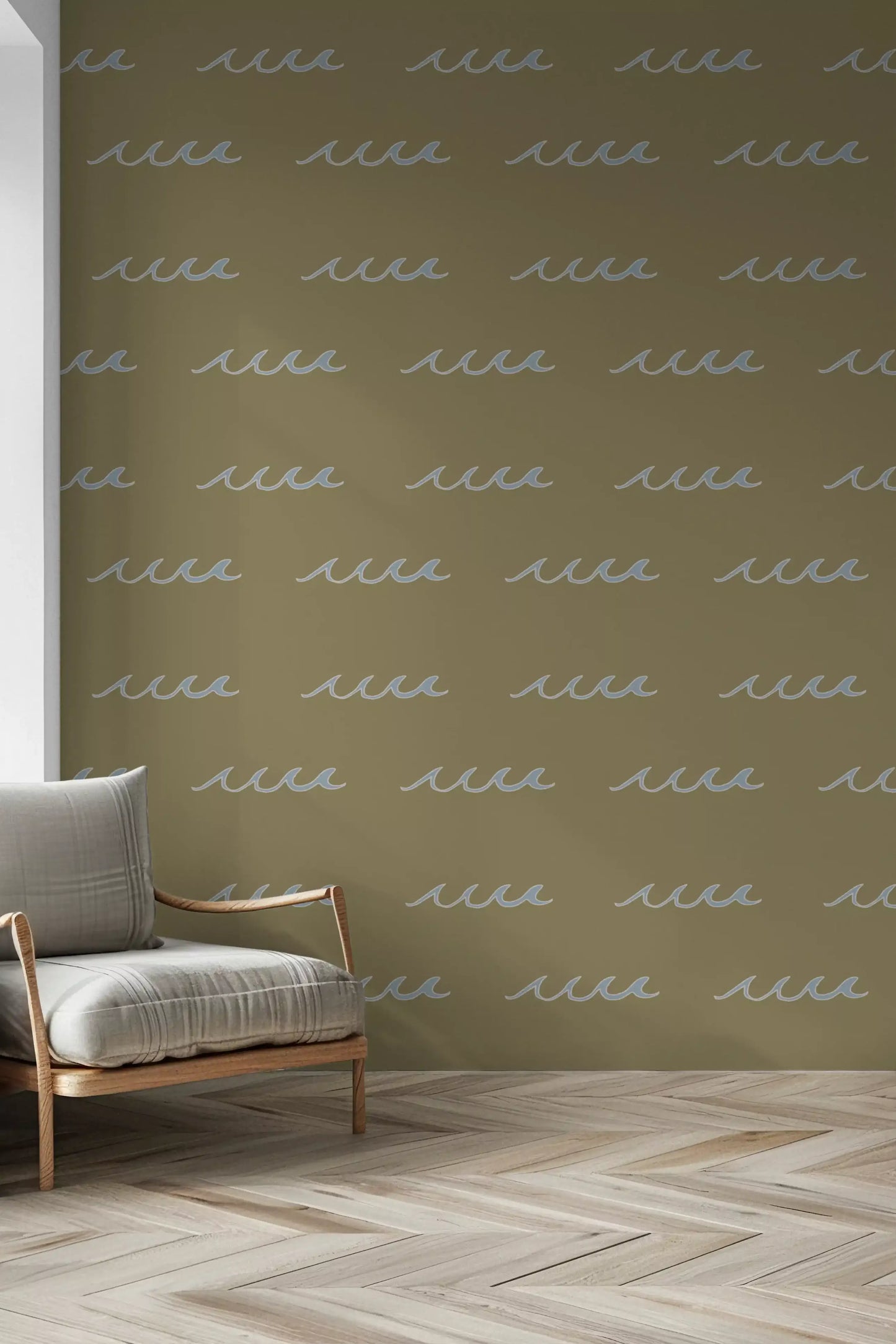 Boho Coastal Wallpaper showing soft water shapes across olive green tone