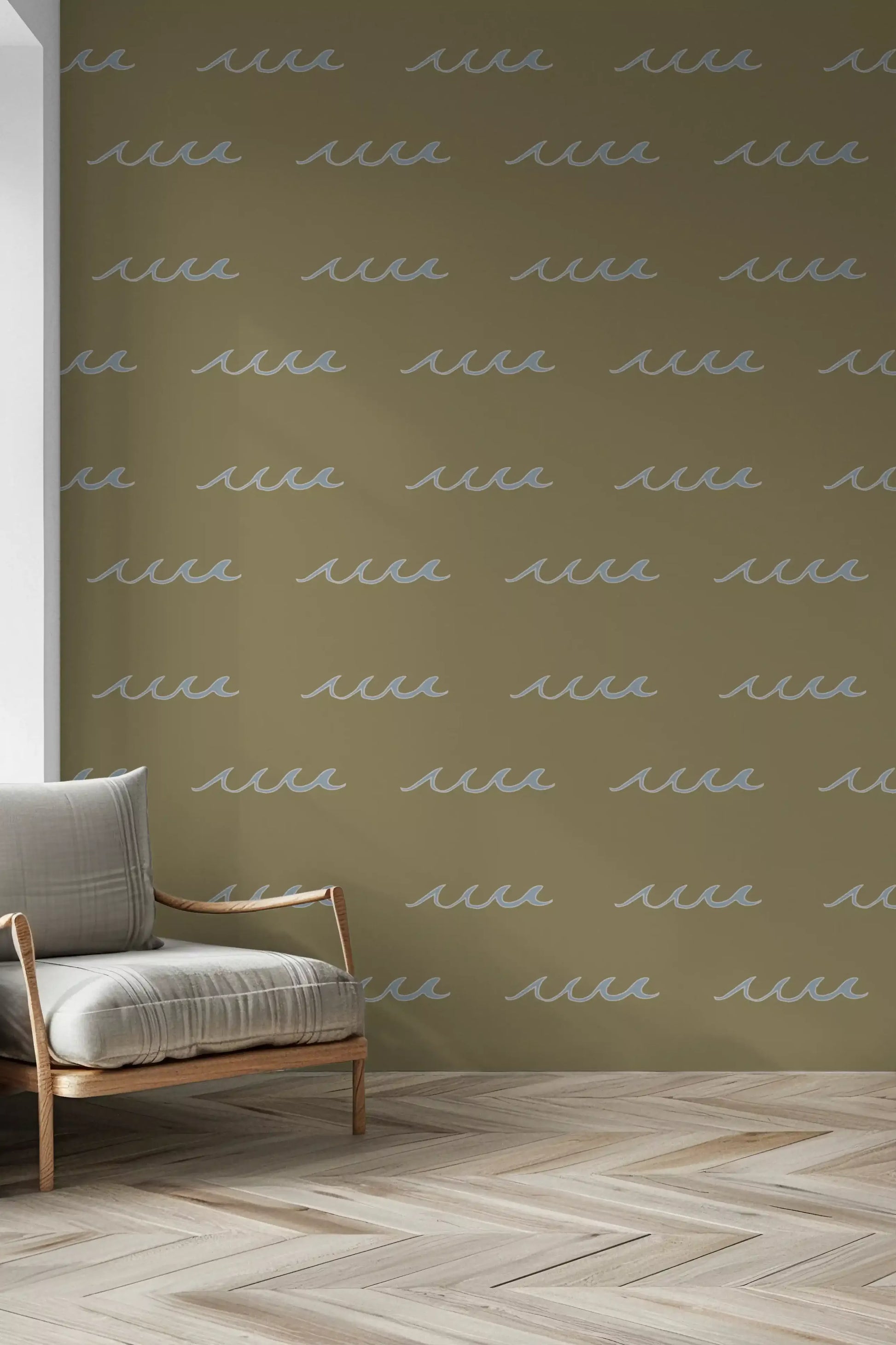 Boho Coastal Wallpaper showing soft water shapes across olive green tone