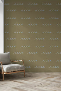 Boho Coastal Wallpaper showing soft water shapes across olive green tone
