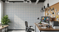 Office room wall with Olive Green Grid Wallpaper in a relaxed check layout