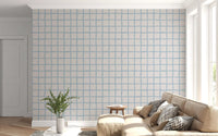 Living room wall using Olive Green Grid wallpaper with loose cream linework
