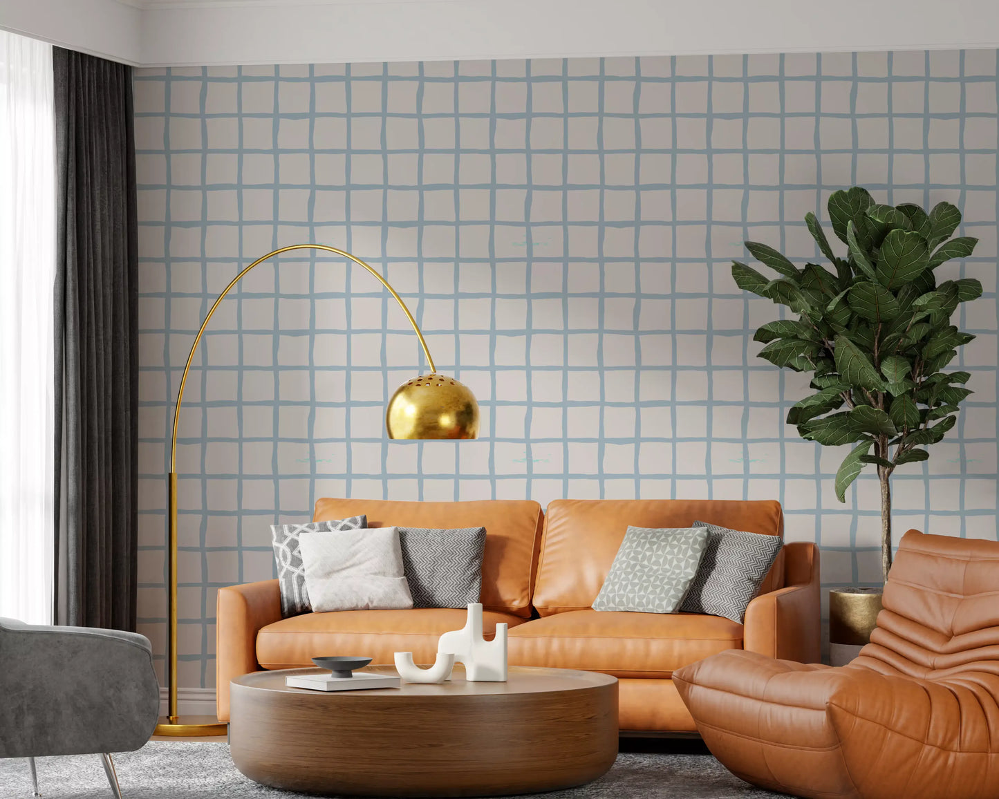 Grid Wallpaper with uneven squares, soft colour, and simple coastal detail