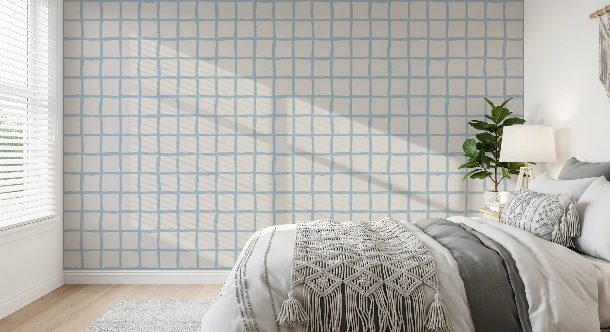 Coastal wallpaper featuring Olive Green Grid pattern and airy check layout