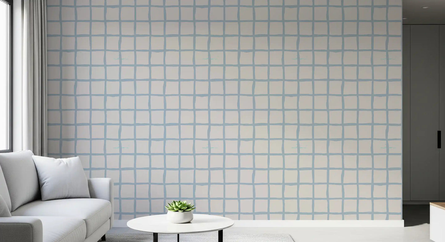 Olive Green Grid Wallpaper showing cream lines across muted olive squares