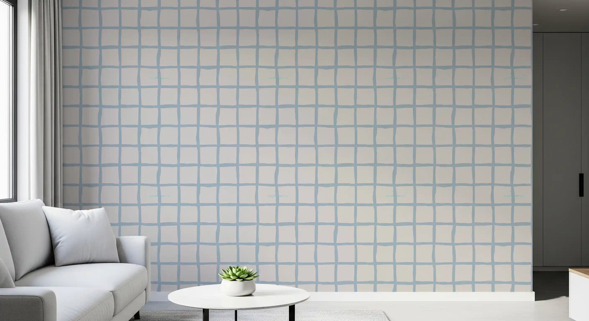 Olive Green Grid Wallpaper showing cream lines across muted olive squares
