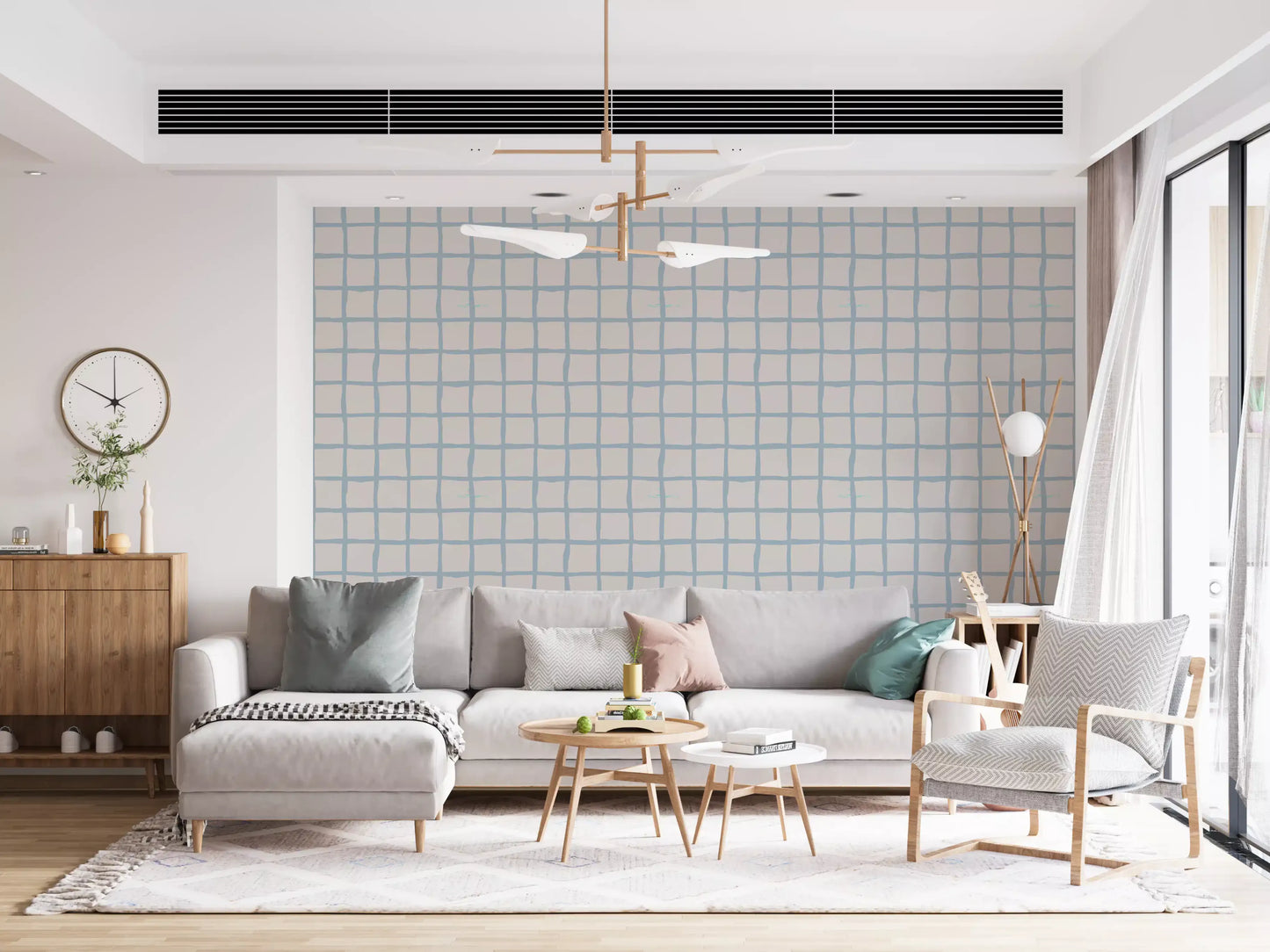 Hallway wall in Grid Wallpaper with muted olive blocks and calm spacing