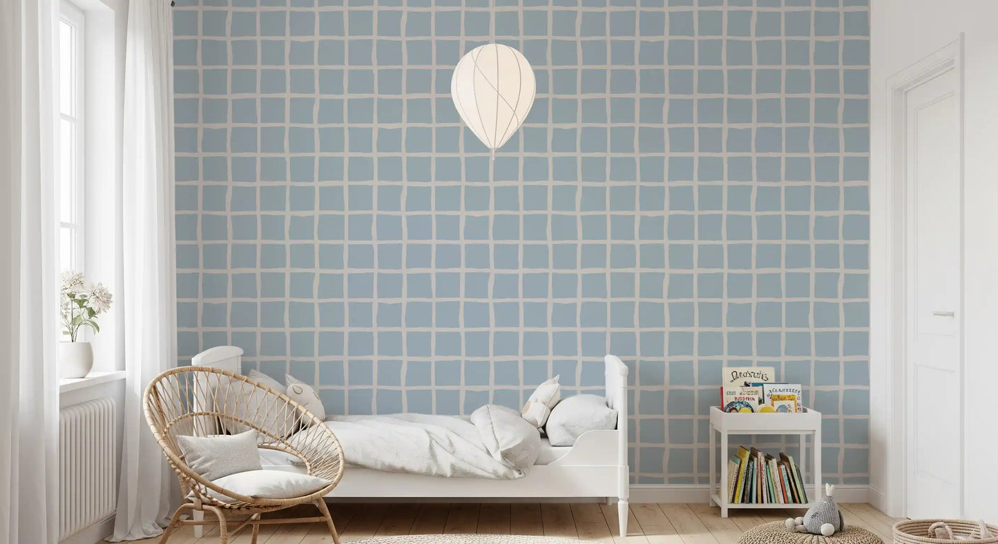 Soft Blue Check Wallpaper featuring simple geometric blocks and coastal mood