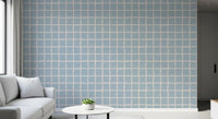 Office room wall styled with Soft Blue Check Wallpaper and light grid detail