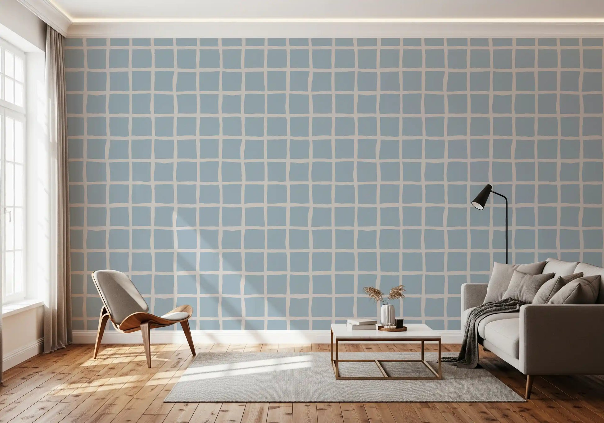 Hallway wall showing Soft Blue Grid pattern with pale blue check blocks