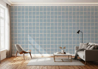 Hallway wall showing Soft Blue Grid pattern with pale blue check blocks