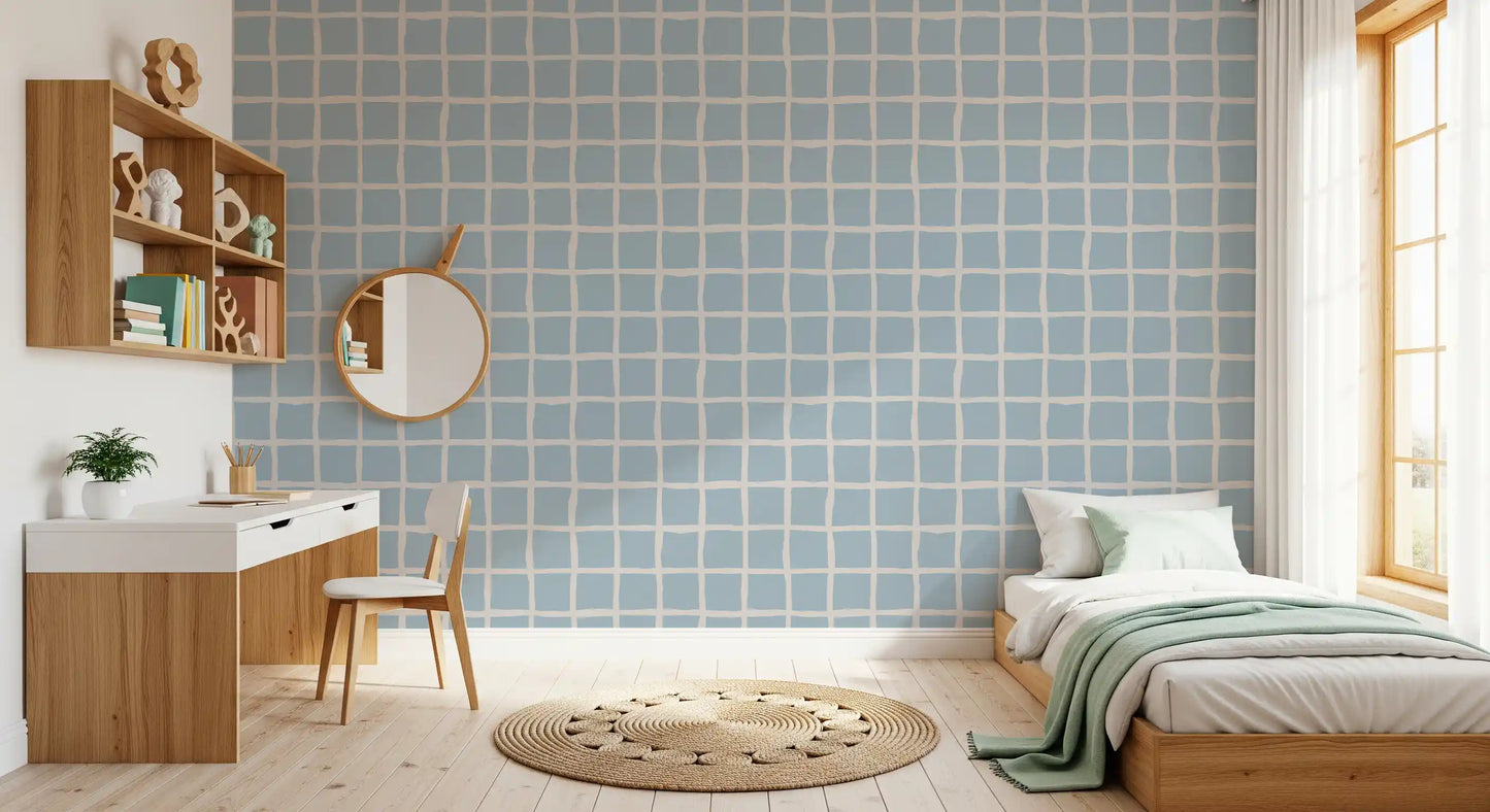 Coastal Grid Wallpaper with airy blue squares and handmade check detail