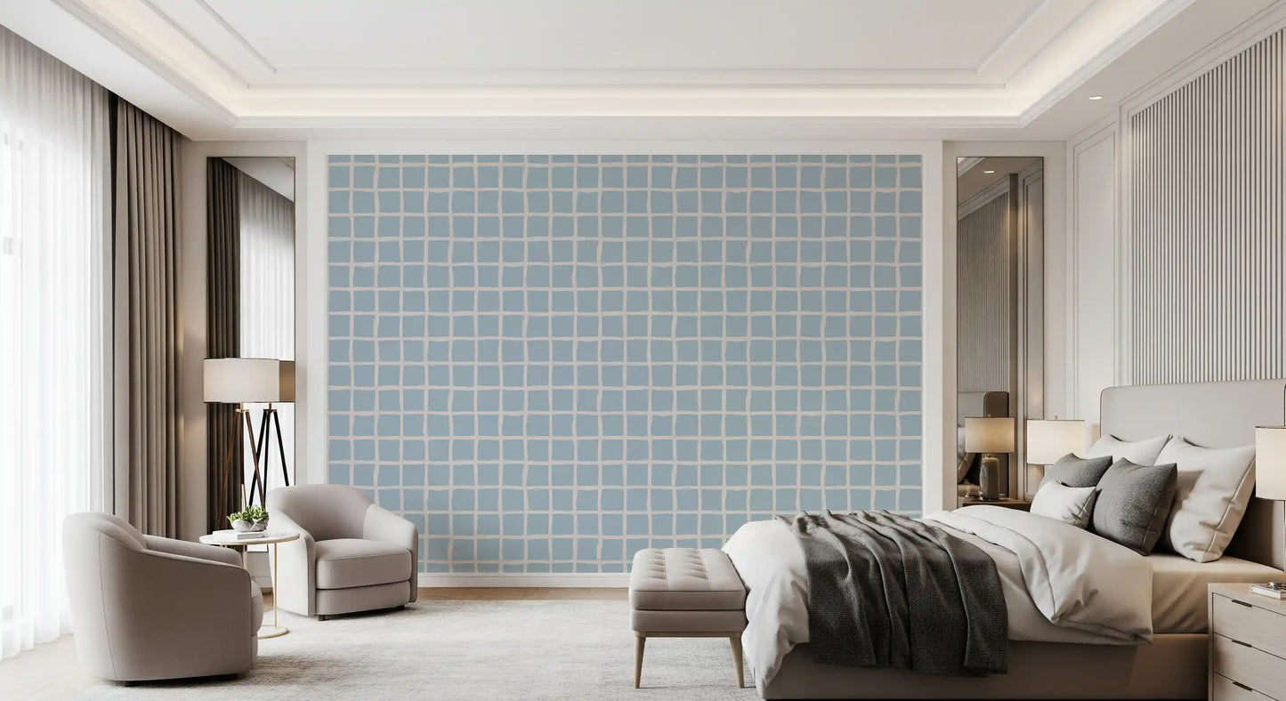 Boho Coastal Wallpaper showing soft blue grid blocks and clean check pattern