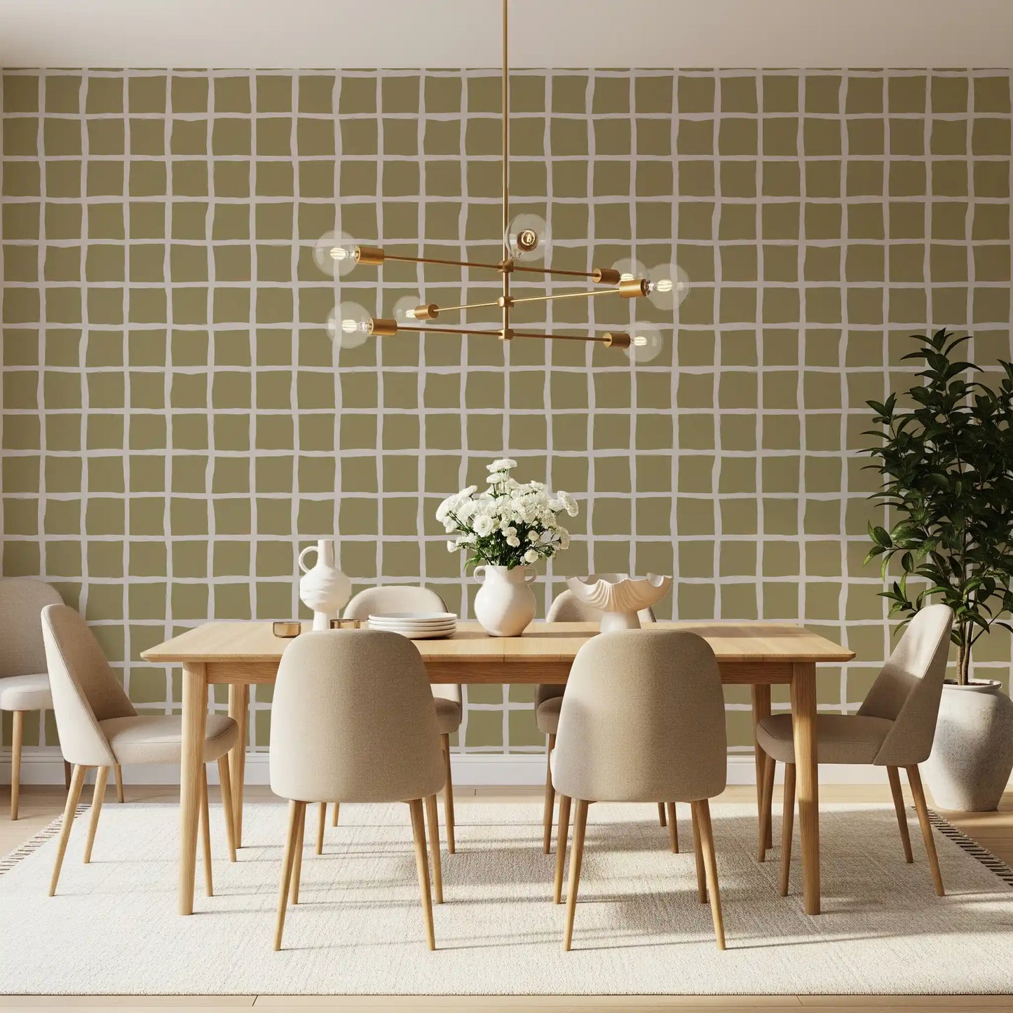 Oliven Beige Grøn Gitter Tapet Boheme Kysttapet