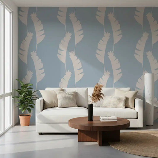 Office wallpaper with Soft Blue Banana Leaf design and white tropical shapes