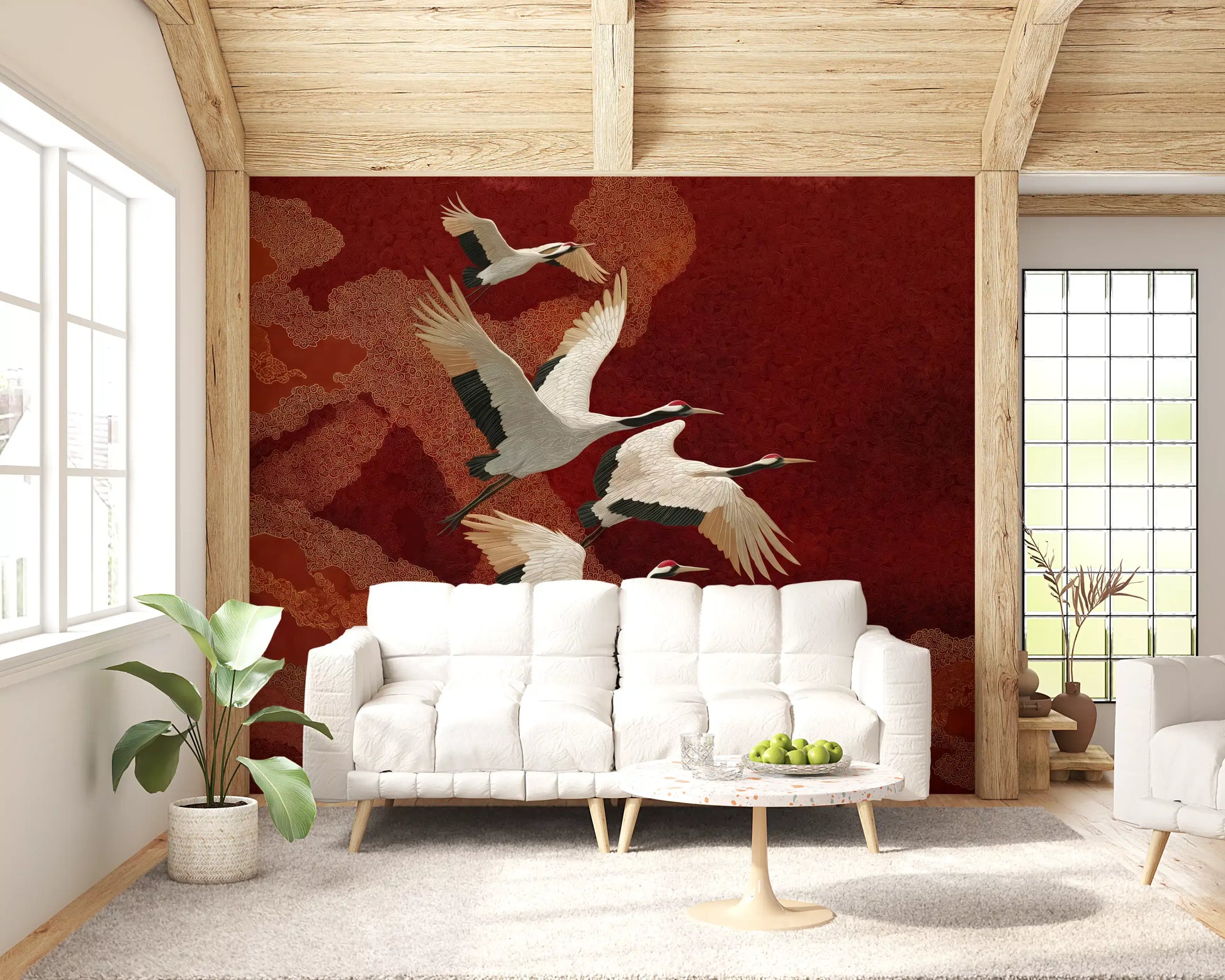 Red crane wall mural featuring flowing gold motifs and layered sky effects