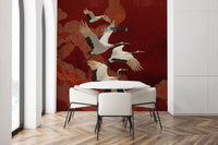Dining room wall mural using Crimson Crane Dance bird artwork and red texture