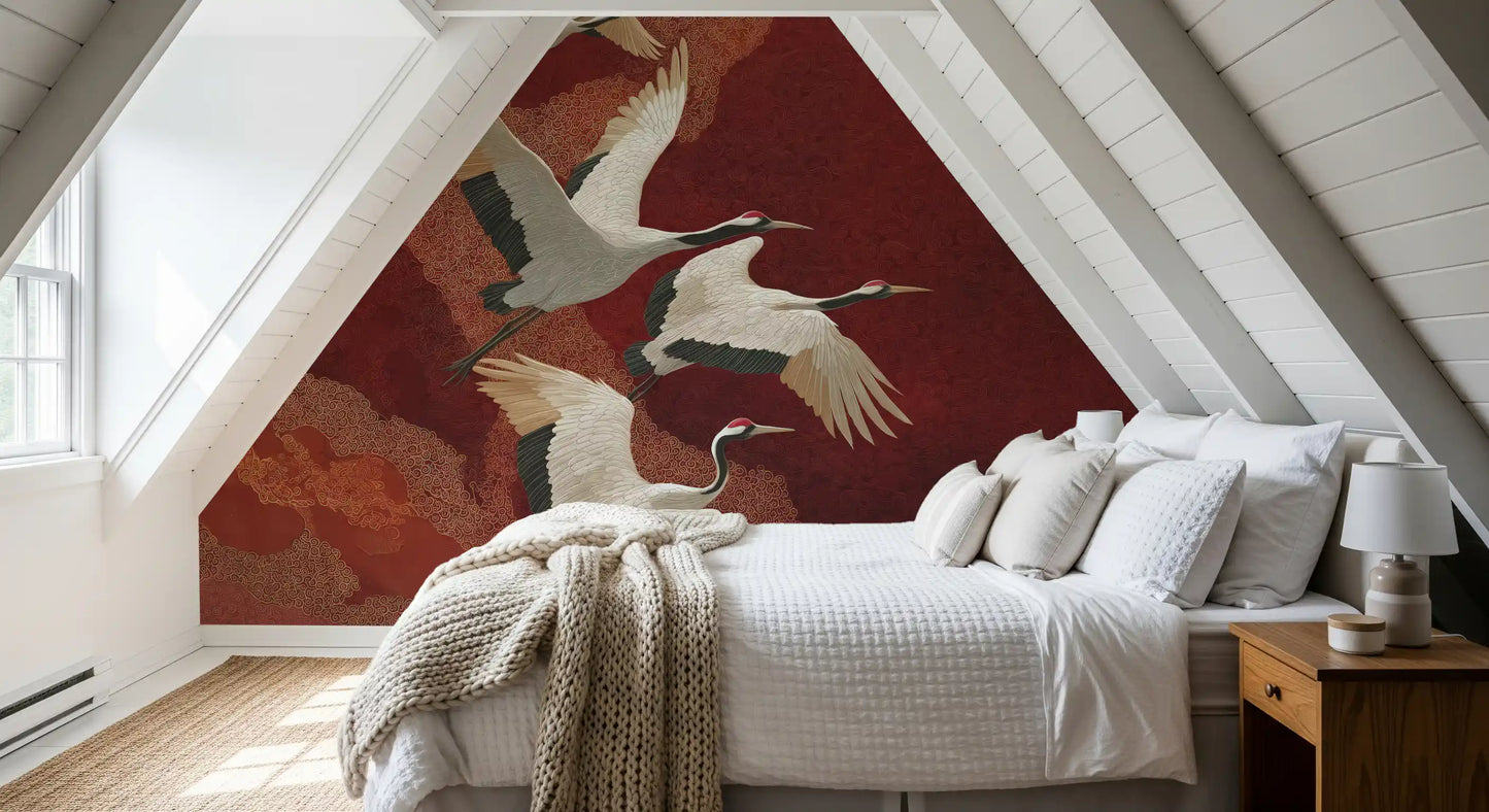 Crimson Sky Crane Wall Mural with soaring birds and intricate gold patterns
