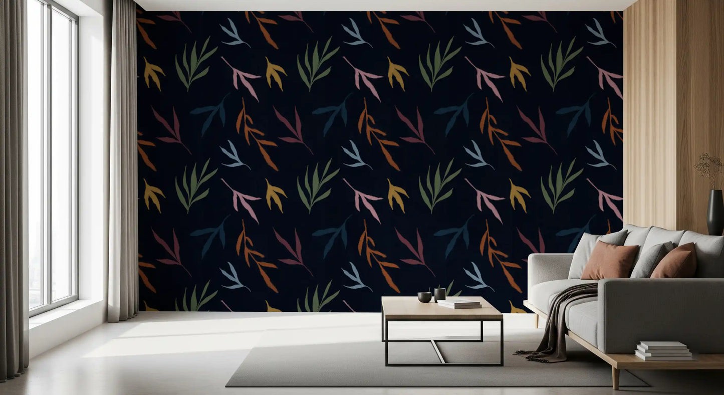 Botanical wallpaper with floating leaf motifs and a dramatic dark backdrop