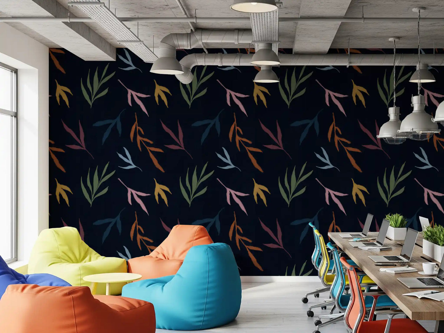 Office area wallpaper with dark leaf wallpaper and soft artistic brushwork