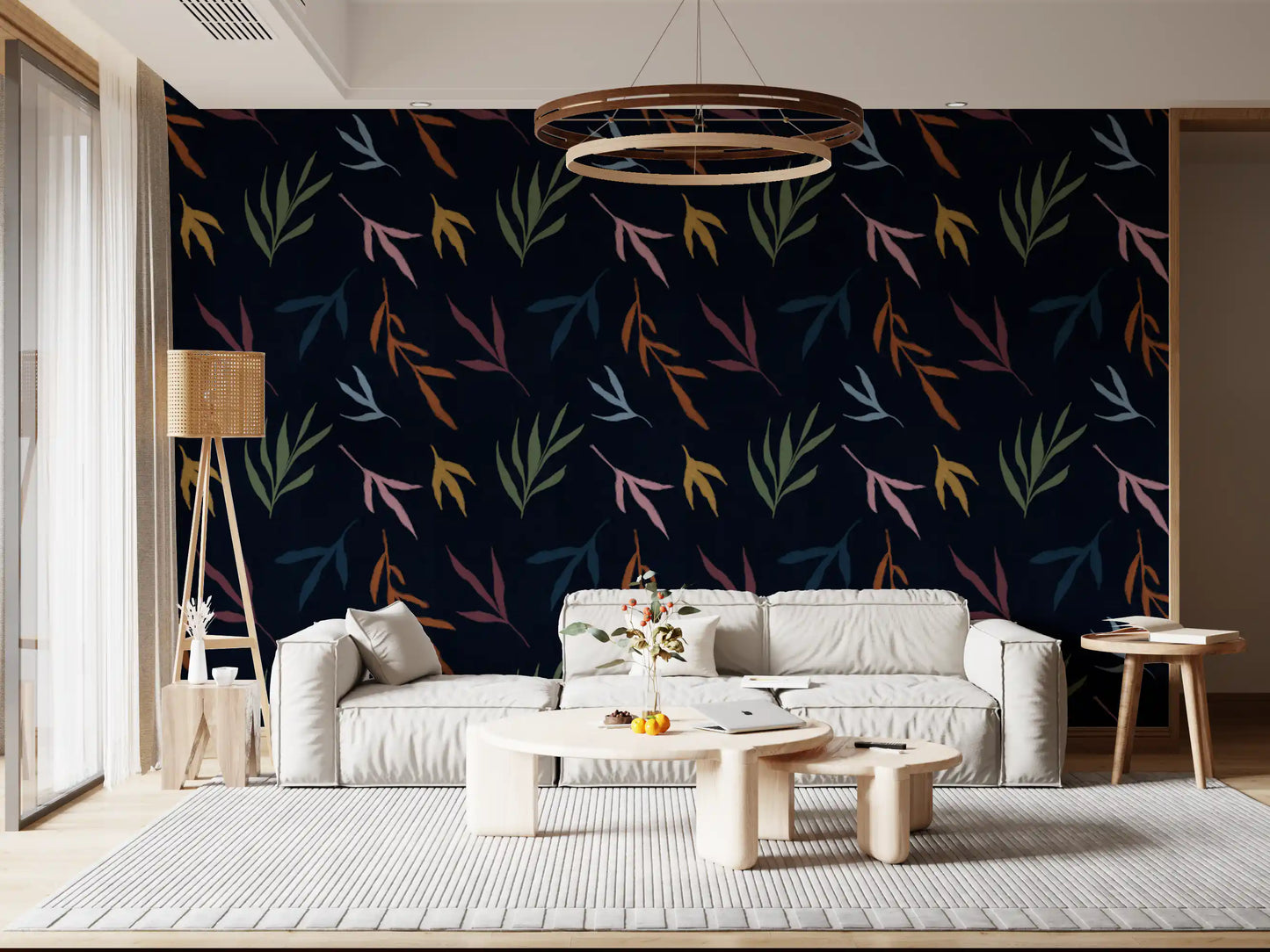 Tropical Painted Leaves Dark Wallpaper with olive, blush, and blue foliage